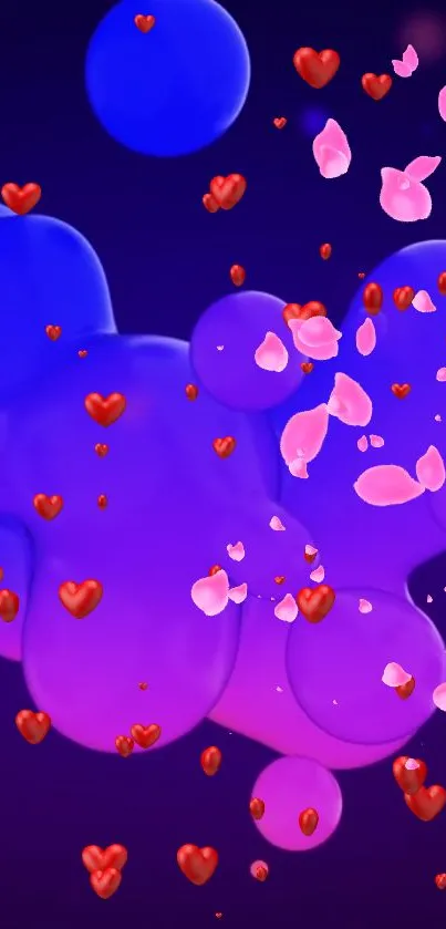 Colorful abstract wallpaper with hearts and petals on a purple background.