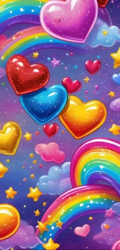 Colorful hearts and rainbow mobile wallpaper with stars.