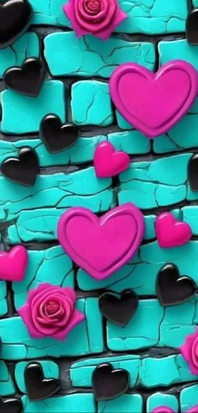 Vibrant wallpaper with hearts and roses on a turquoise background.