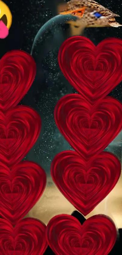 Red hearts and space background with emoji accent