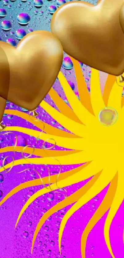 Golden hearts and sunburst on a colorful backdrop with water droplets.