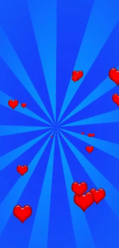 Vibrant blue wallpaper with red hearts design.