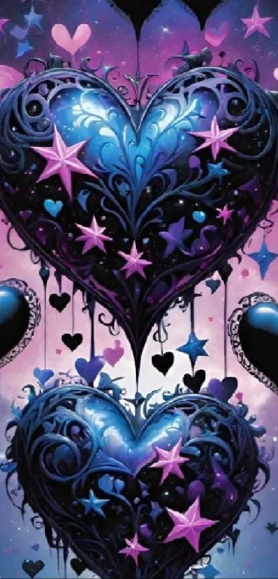 Elegant purple and blue heart design wallpaper featuring star accents.