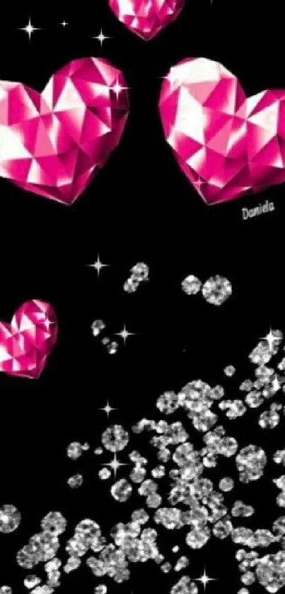 Black wallpaper with pink diamond hearts and sparkles.