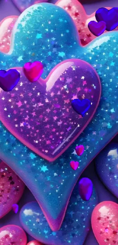 Glittery hearts with pink and blue tones, vibrant and starry design.