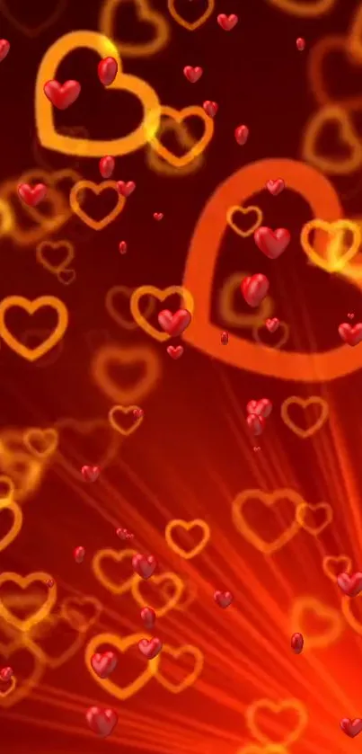 Mobile wallpaper with glowing red hearts on a warm red background.