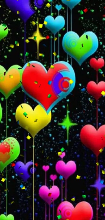 Colorful glowing hearts and stars wallpaper with a dark background.