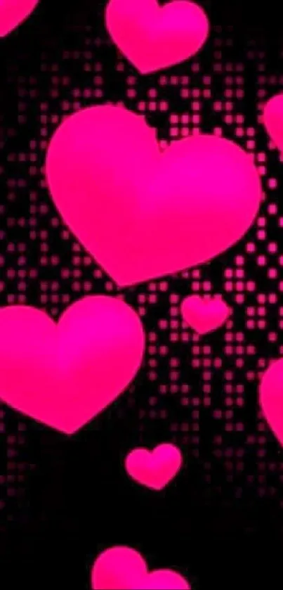 Neon pink hearts on black digital background mobile wallpaper.