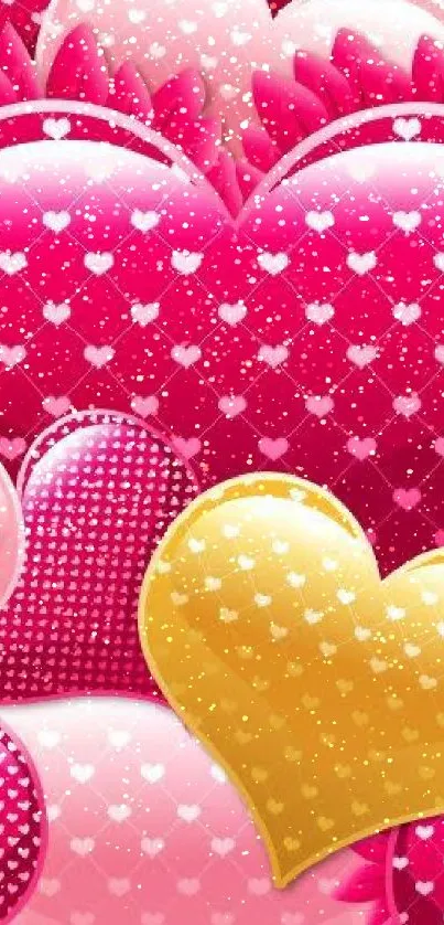 Vibrant pink, red, and yellow heart pattern on mobile wallpaper.