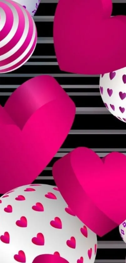 Mobile wallpaper with 3D pink hearts and striped patterns.