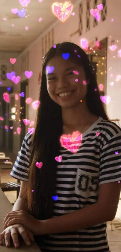 Joyful girl with glowing heart shapes