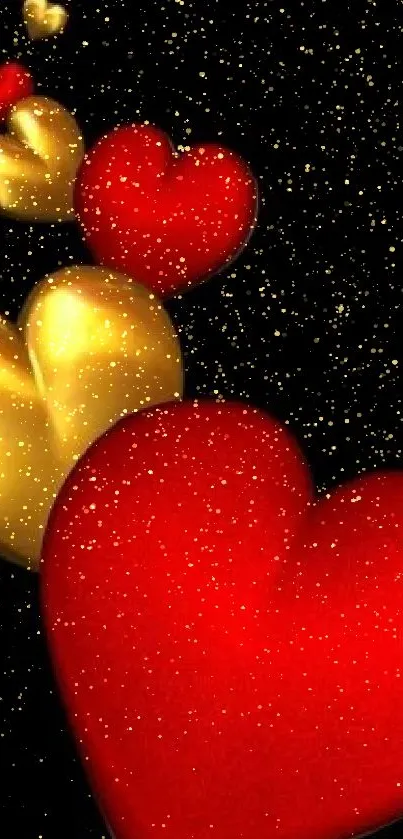 Wallpaper with red and golden hearts on a black background.