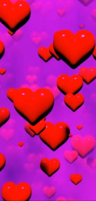 Vibrant red hearts on a purple background wallpaper.