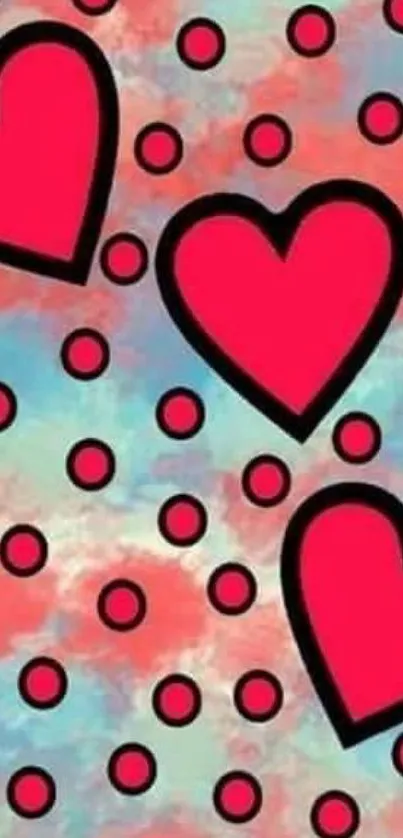 Vibrant wallpaper of red hearts and dots against a colorful, abstract background.