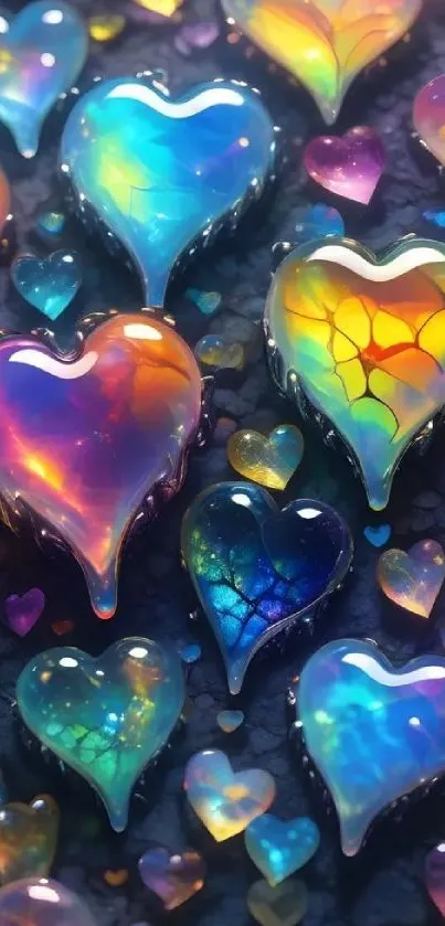 Iridescent colorful hearts on galaxy background.