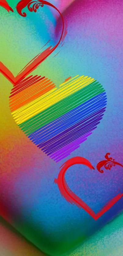 Vibrant rainbow heart design with artistic flourishes on a mobile wallpaper.