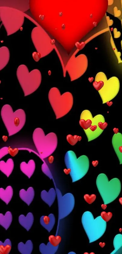 Colorful hearts on a black background, creating a vibrant mobile wallpaper.