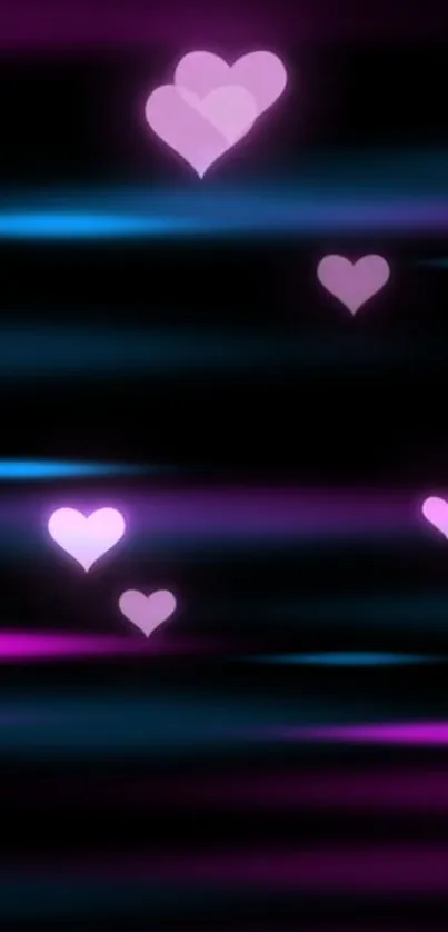 Vibrant electric pink hearts on a dark background with neon blue streaks.