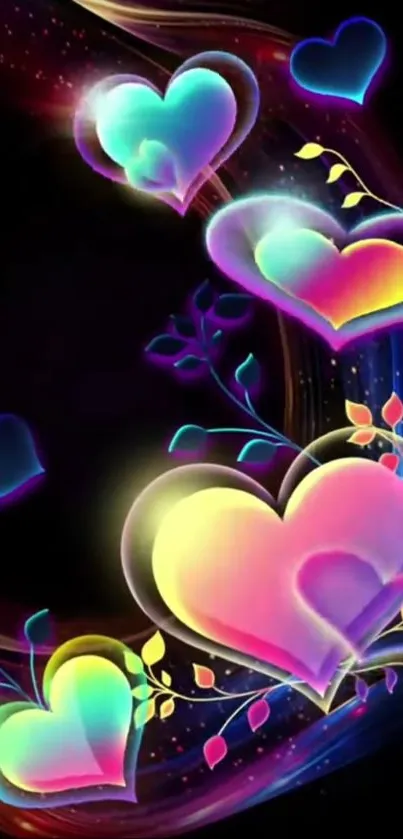 Colorful hearts with glowing patterns on black background.