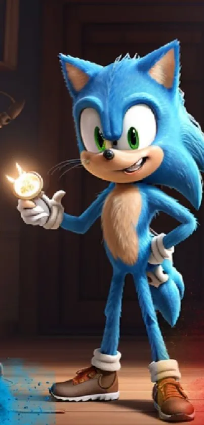 Blue hedgehog holding a glowing item in a colorful digital wallpaper.