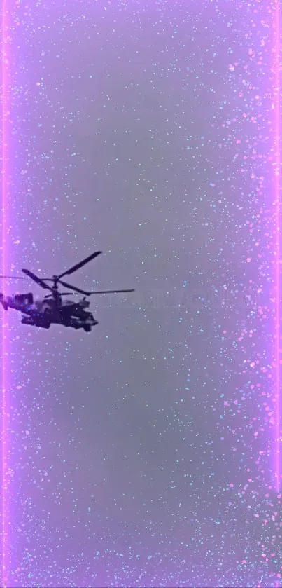 Silhouette of a helicopter set against vibrant neon lights on mobile wallpaper.