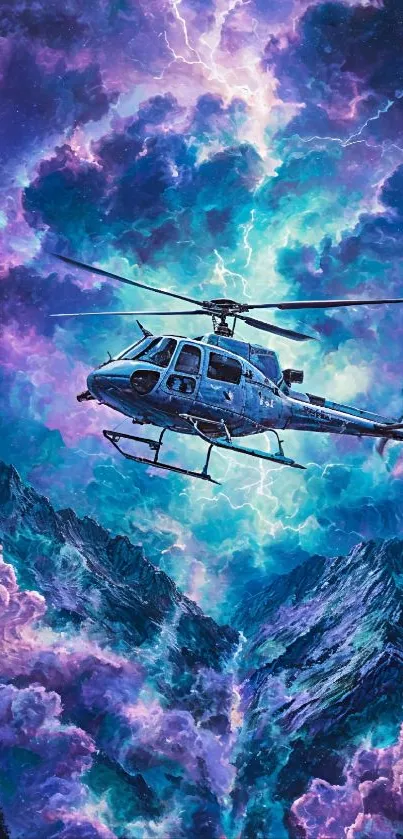 Helicopter flying through vibrant purple storm clouds over mountains.