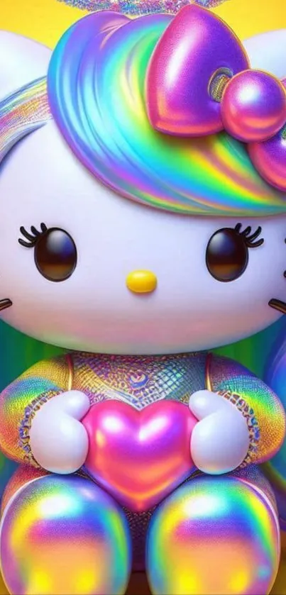Hello Kitty with rainbow colors holding a heart.