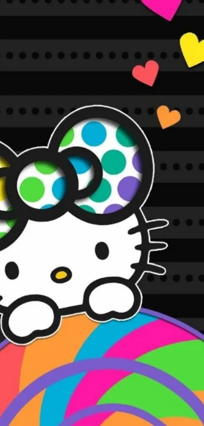 Hello Kitty wallpaper with colorful hearts and polka dots on black stripes.