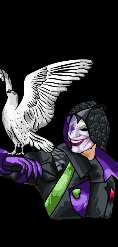 Vibrant artwork of a hero with a bird on a black background.