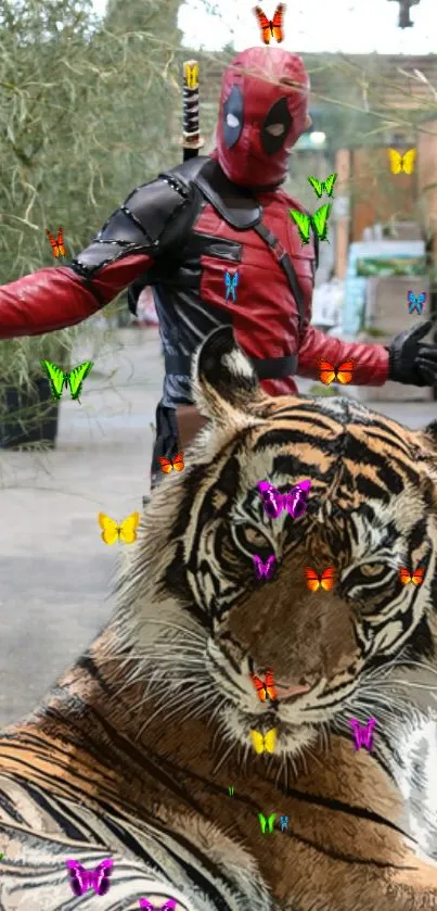 Hero and tiger with colorful butterflies wallpaper.