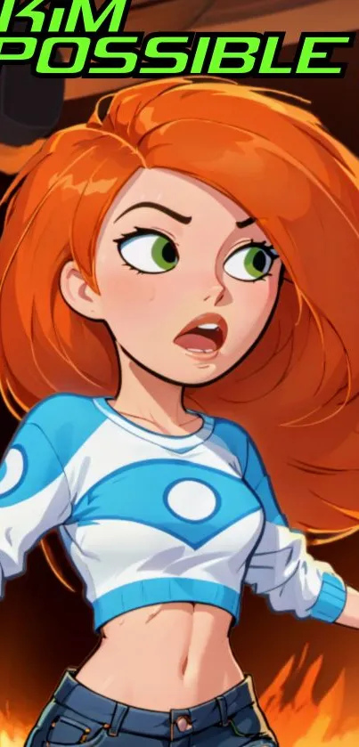 Vibrant animated heroine in action with orange hair and blue attire.