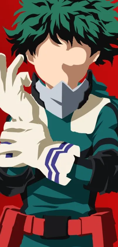 Anime hero with green hair and gloves against a red background.