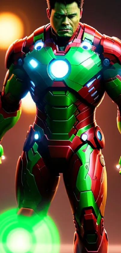 Futuristic hero in glowing red armor with vibrant dynamic background.