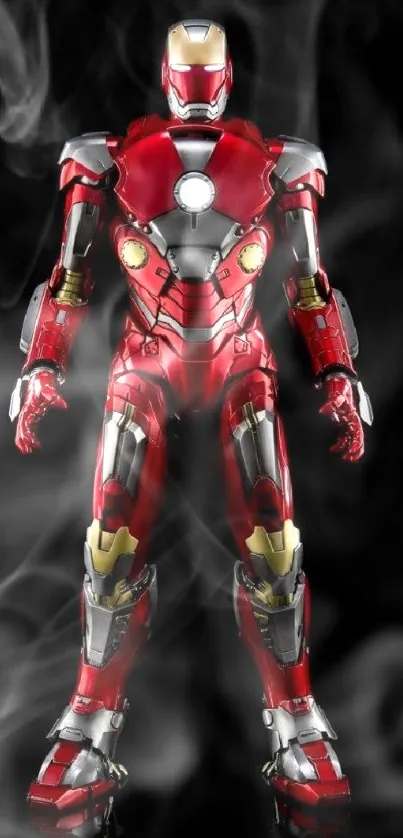 Superhero red and gold armor against black background