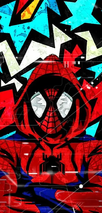 Vibrant hero-themed art on mobile wallpaper featuring red and blue graphics.