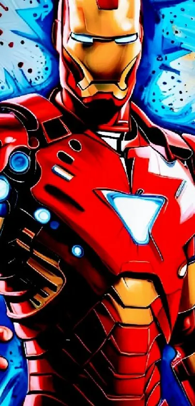 Vibrant superhero artwork with red armor and blue accents.