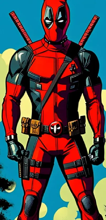 Comic-style hero in red costume set against blue and yellow background.