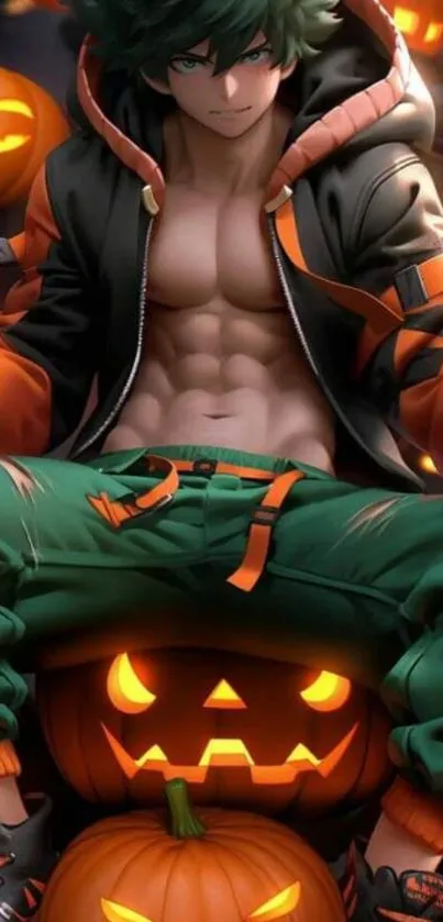 Anime hero with glowing pumpkins, Halloween theme.