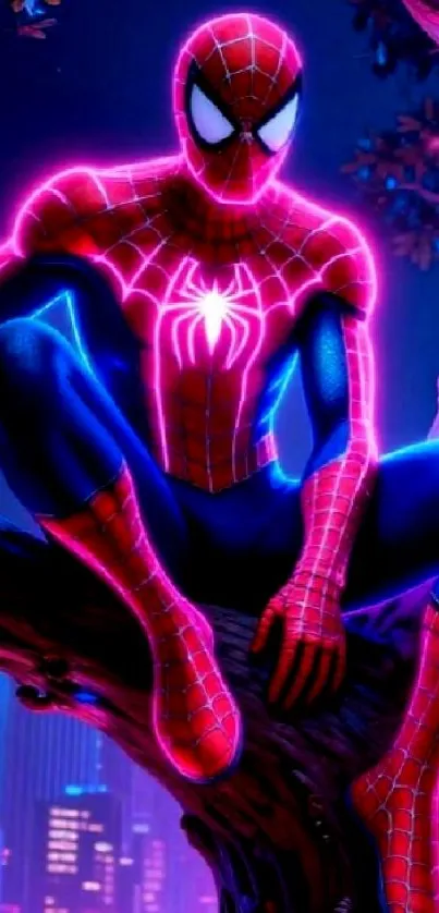Neon-lit superhero sitting by cityscape