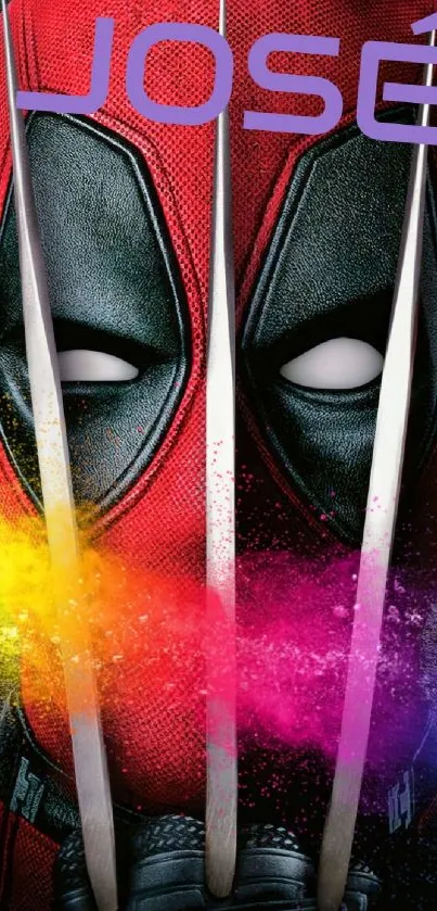 Colorful mask with vibrant splash in superhero wallpaper.