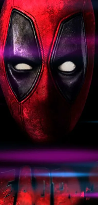 Vibrant red hero mask with neon accents on a mobile wallpaper.