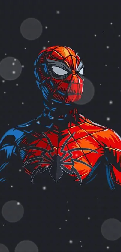 Vibrant superhero in red and blue outfit against cosmic background.