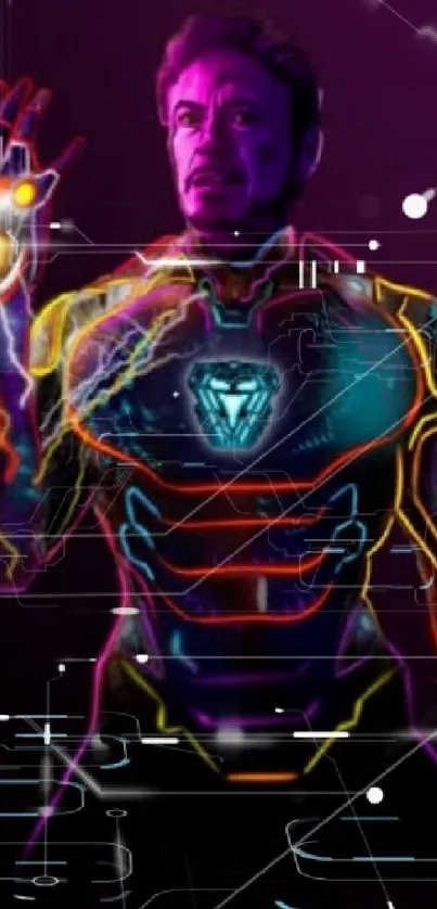 Colorful neon superhero with glowing armor art.