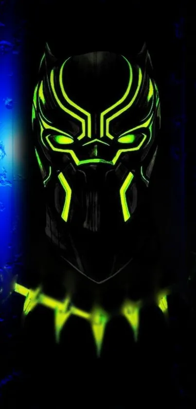 Neon black panther mask with green highlights and blue backdrop.