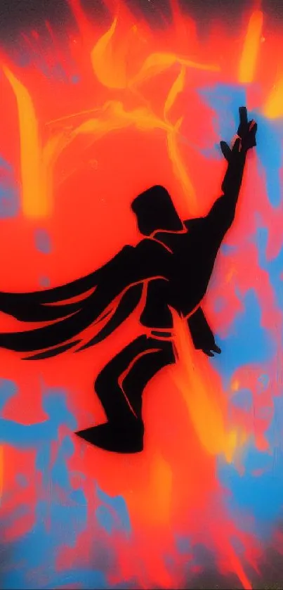 Bold superhero street art in red, blue, orange hues.