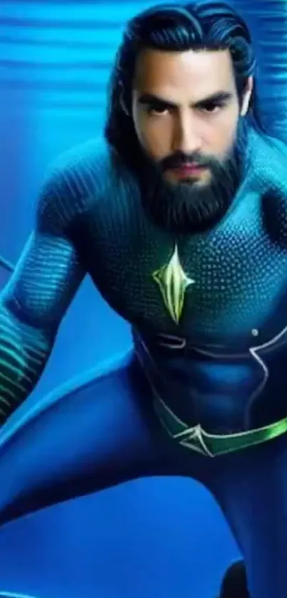 Superhero in blue suit underwater inspired wallpaper.