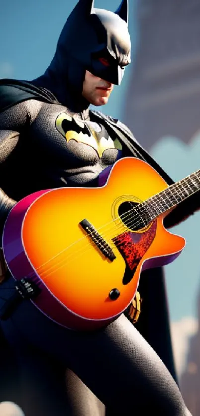 Animated hero with guitar in cityscape wallpaper.