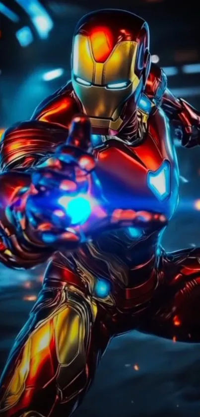 Futuristic superhero in vibrant armor suit