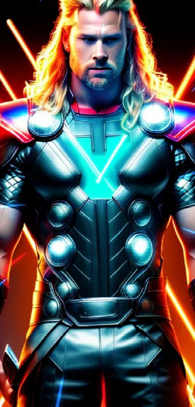 Vibrant superhero with neon accents and futuristic armor on wallpaper.