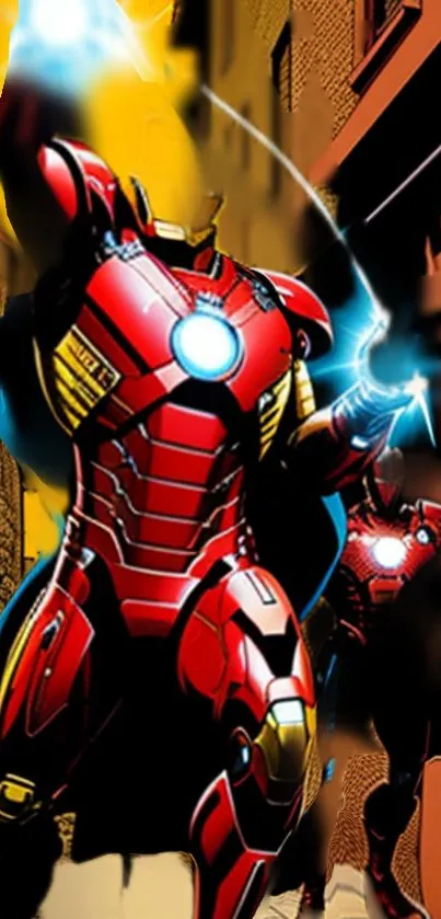 Superhero in vibrant red armor with glowing elements, ideal for mobile wallpaper.